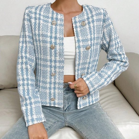 Blue Preppy Womens Plaid Pattern Open Front Overcoat - Picture 3 of 5